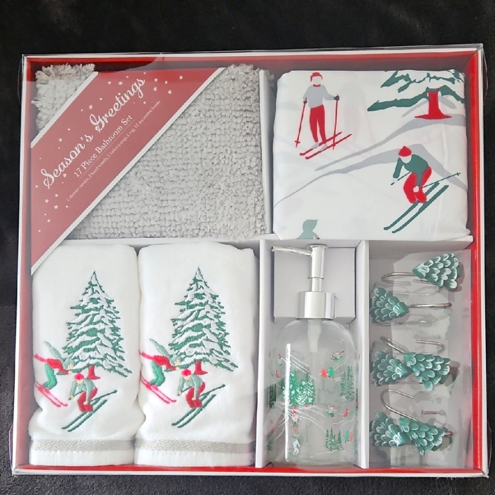 Holiday Ski Themed Bath Accessory Set - White and Green